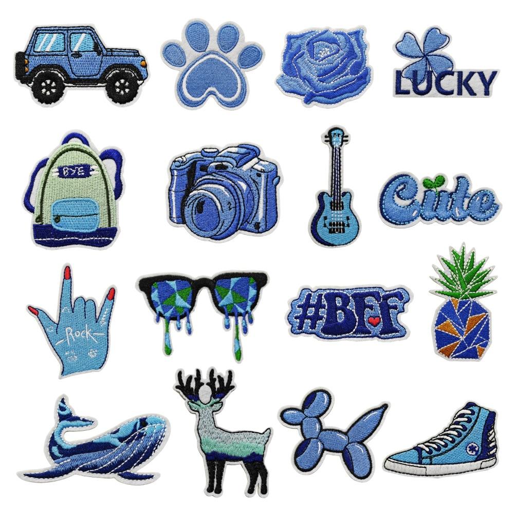 Personalized Blue Series Cloth Sticker Graffiti Decoration Cartoon Guitar Suitcase Computer Embroidery Hot Melt Adhesive Sticker