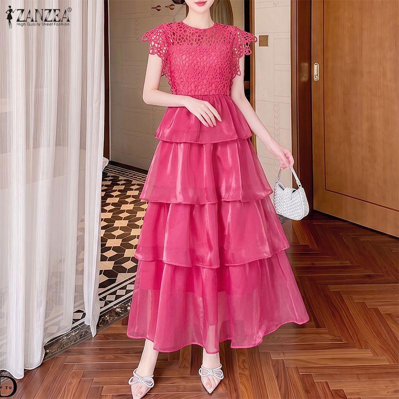 ZANZEA Rochie Casual Elegantă de Damă cu Patchwork din Dantelă, Decolteu Rotund, Fără Mâneci, cu Volane