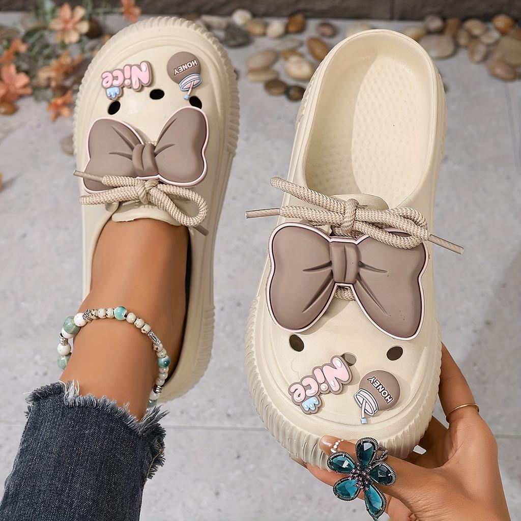 Women's Bow Decor Platform Clogs, Stylish Closed Toe Summer Beach Slide Shoes, Fashion Outdoor Lace-up Beach Garden Sandals