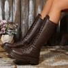 Botas de Mujer Británicas de Suela Gruesa con Cordones y Tacón Grueso, Modernas y Casuales, para Uso en Exteriores, Botas de Tacón Alto para Mujer, Anchas