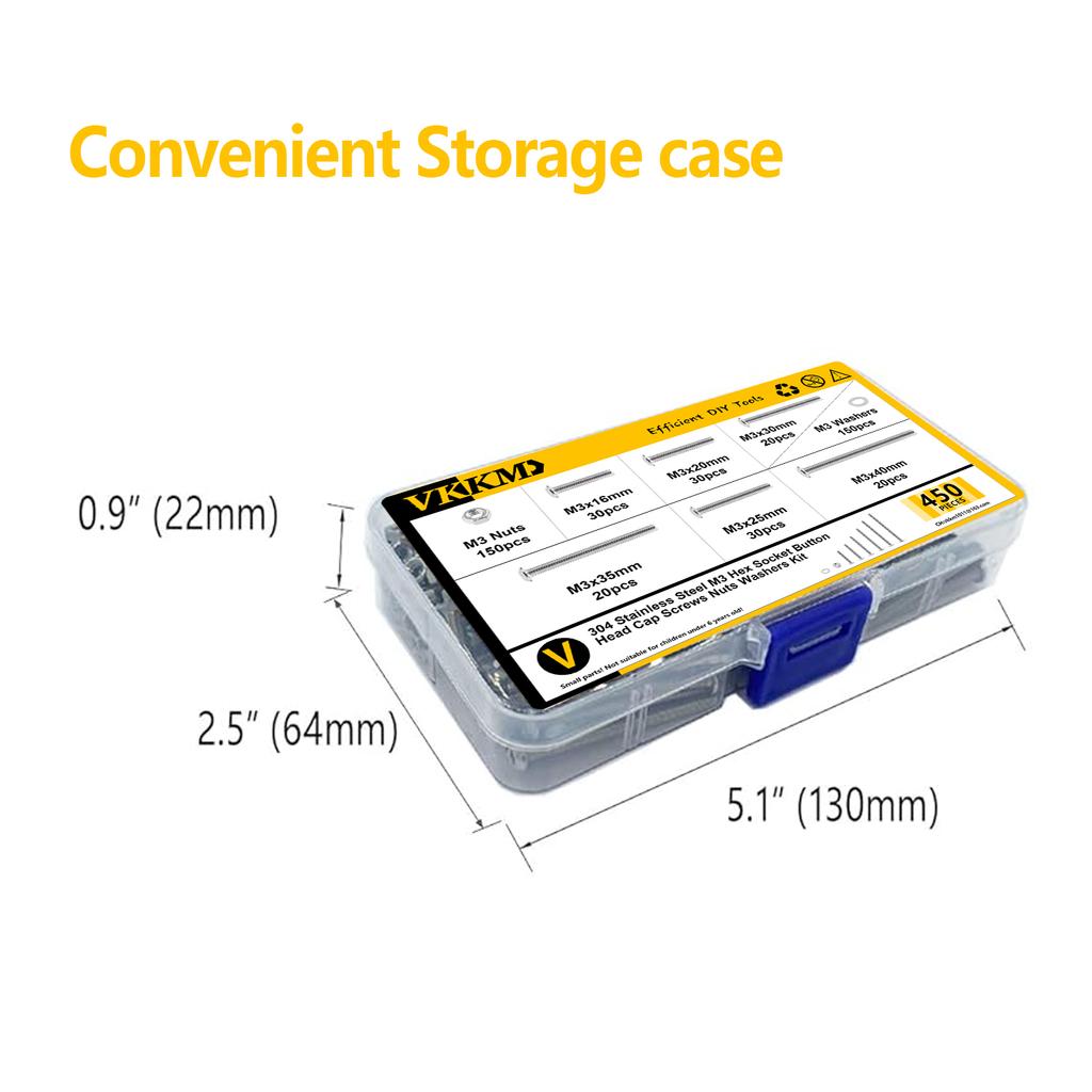 450 Stainless Steel Hexagonal Bolts and Nut Kit, Hexagonal Round Head Button Kit, M3x (16/20/25/30/35/40) Mm Bolt Kit.