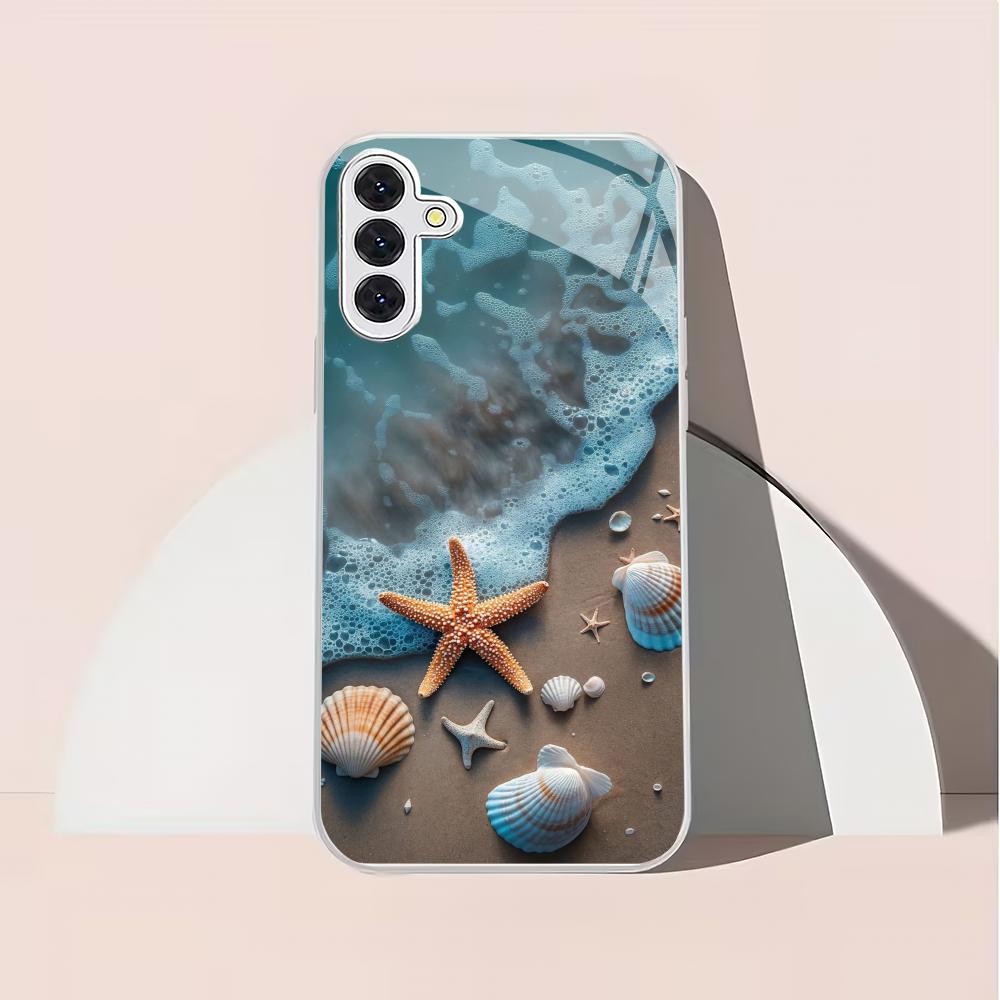 Seaside Scenery Silver Plated Glass Phone Case Suitable for Samsung Galaxy S26 S25 S24 S22 S21 S20 FE/Ultra/Plus Anti Drop
