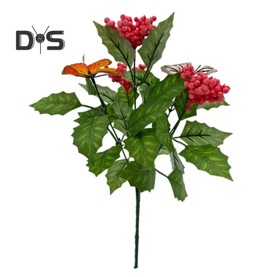Artificial Berry Branch Faux Green Leaf Branch with Butterflies Realistic Simulated Greenery Branch for Home Table Decor Christmas Valentine's Day