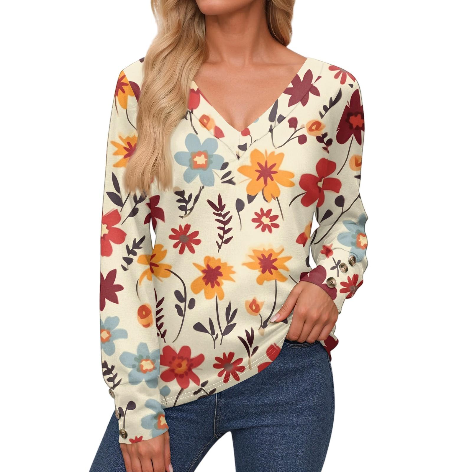 

Женские топы с длинными рукавами, манжетами на пуговицах, рубашка на пуговицах, повседневная свободная футболка с V-образным вырезом, цветочные топы XL арбуз красный