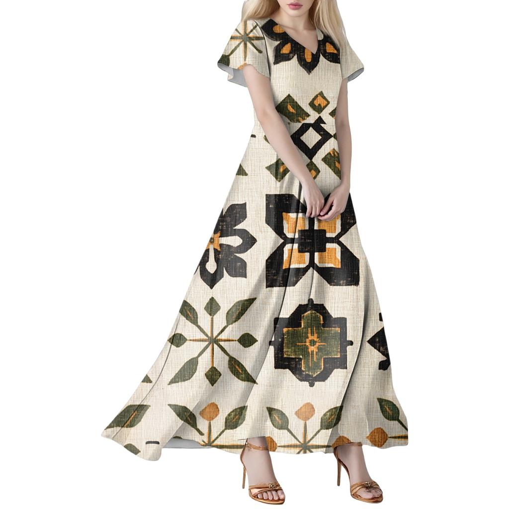 Women's Summer Casual Fashion Bohemian Printed Dress V Neck Short Sleeve Dress