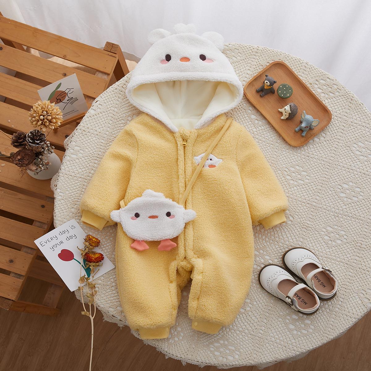 

Теплый детский зимний комбинезон с капюшоном - Толстый флис, Ветрозащитная одежда для новорожденных для улицы 73 cm жёлтый