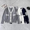 TB Unisex V-Neck Knit Cardigan - Autumn/Winter Colorblock Sleeves with Four Stripes, Slim Fit, Fairy Style.