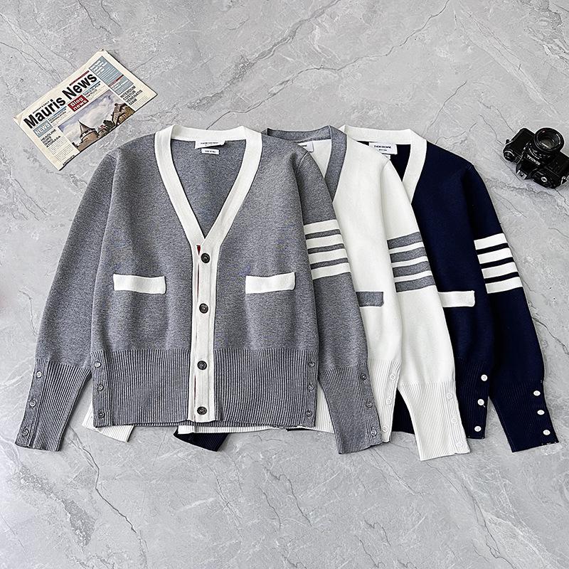 TB Unisex V-Neck Knit Cardigan - Autumn/Winter Colorblock Sleeves with Four Stripes, Slim Fit, Fairy Style.