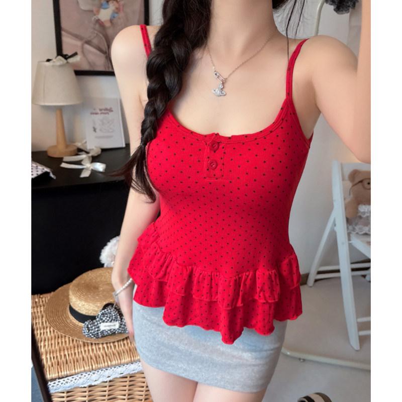 Women's Polka Dot U-Neck Button Strap Tank Top with Subtle Ruffles and Chest Pads - Slim Fit for Spring/Summer