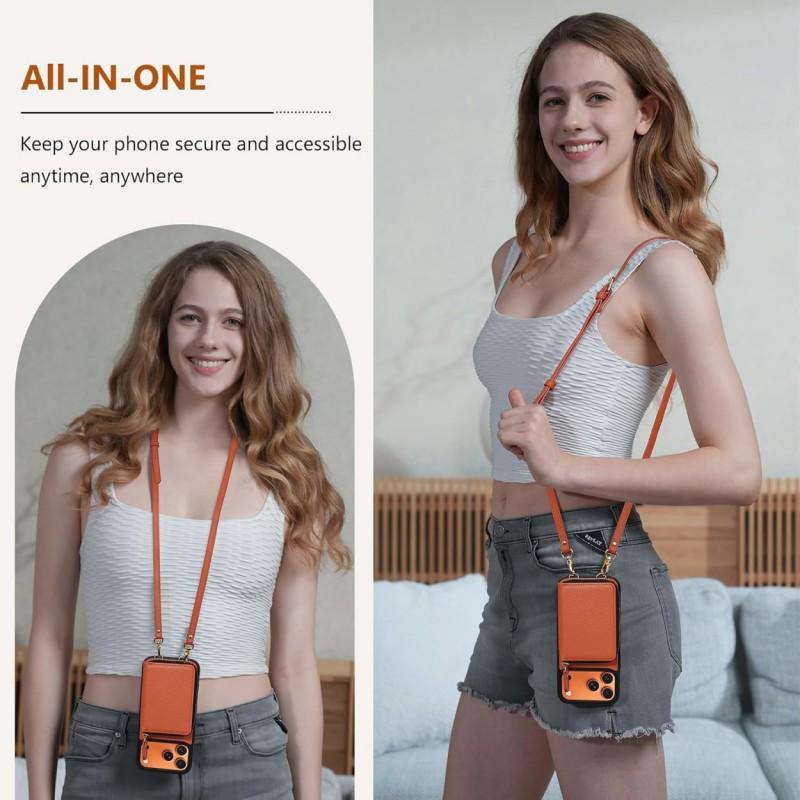 Leather Phone Case With Zipper Wallet Crossbody Strap IPhone 17 Pro Women Shockproof Protective Cover