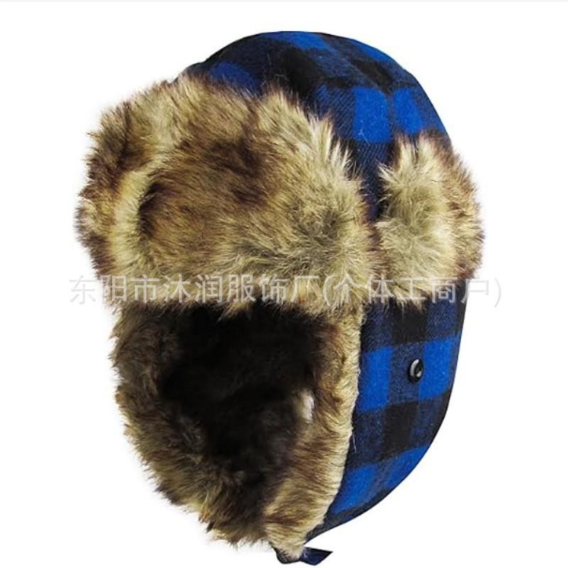Winter Warm Fleece-Lined Plaid Beanie Hat With Ear Protection Windproof Ski Cap Cold Weather Outdoor Use