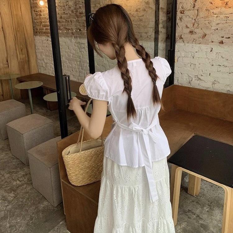 French sweet small shirt women's spring and summer slim-fitting and thin versatile white short shirt U-neck short-sleeved top