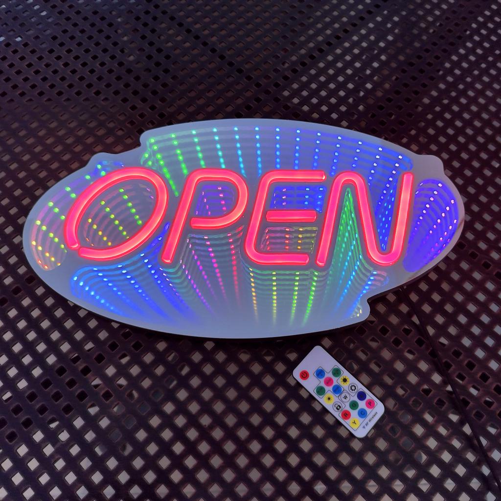 3D Mirror Neon Open Sign 48x20cm Double-Sided LED Light for Pizza Coffee Bar Store - Colorful Background Infinite Tunnel Light