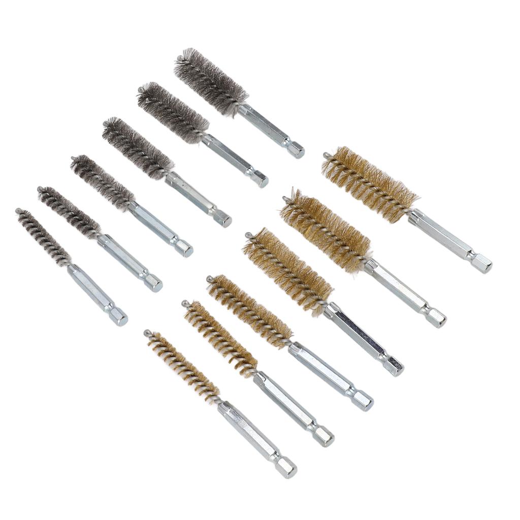 12PCS Bore Brush Copper and Iron 304 Stainless Steel Bristles Wire Brush for Power Drill with Hex