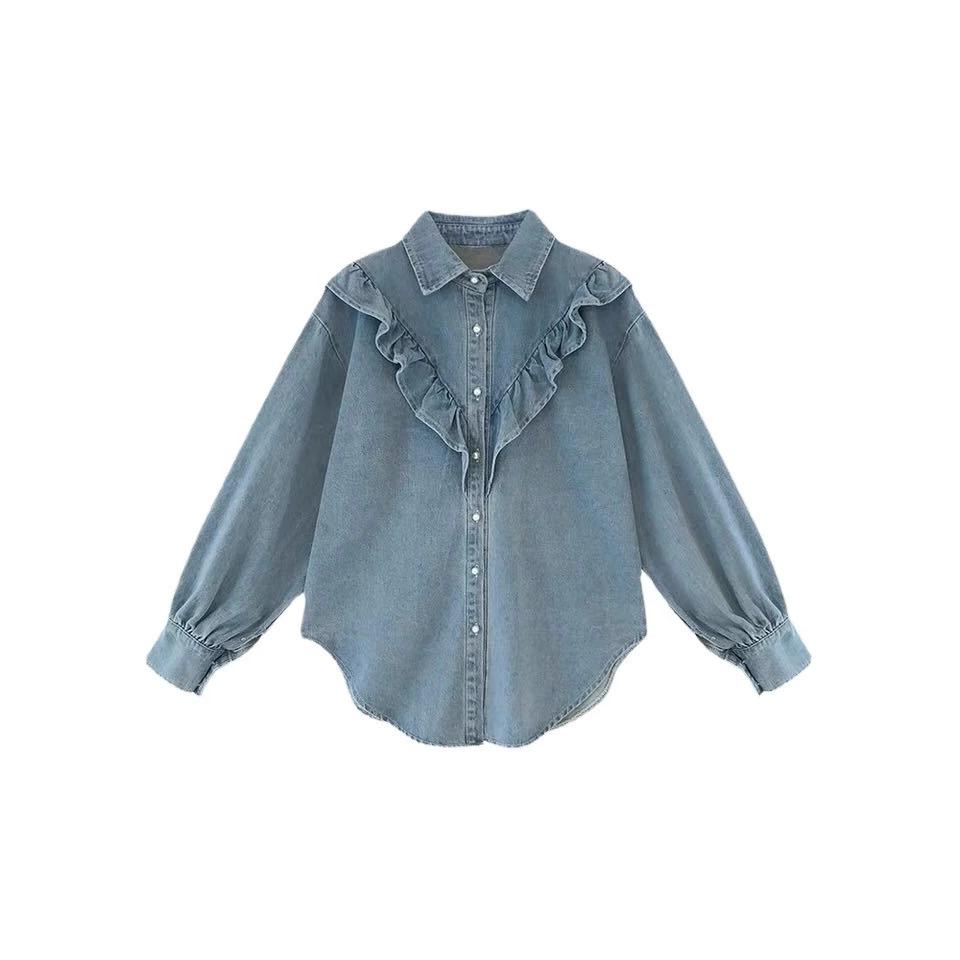 Spring and Autumn Korean Version Sweet Ruffled Denim Shirt for Women, Loose and Slimming Long Sleeved Top, Base Shirt