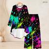Women Plus Size Two Piece Set Round Neck Long Sleeve Printed High Low Top Wide Leg Pants Black Red White
