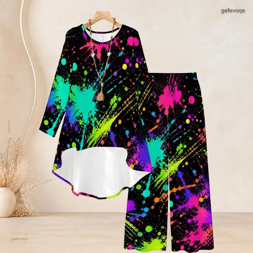 Women Plus Size Two Piece Set Round Neck Long Sleeve Printed High Low Top Wide Leg Pants Black Red White