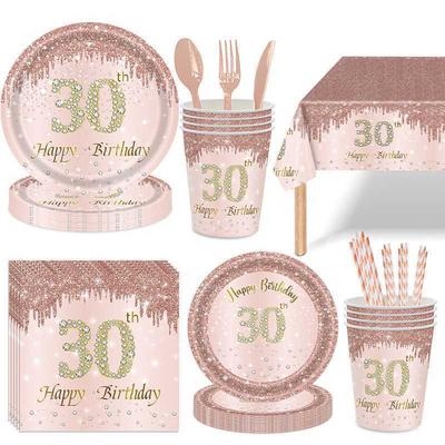 Glam Rose Gold Diamond Disposable Tableware Set 30th Birthday Party Plates Cups Decor