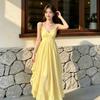 2026 Summer Beautiful Seaside Vacation Suspender Dress Neck Collar Yellow Loose Lazy Style Dress Tide
