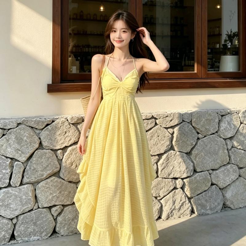 2026 Summer Beautiful Seaside Vacation Suspender Dress Neck Collar Yellow Loose Lazy Style Dress Tide