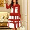 Women Long Sleeve Round Neck Midi Dress Boho Watercolor Plum Blossom Stripe Branch Dot Print Flared Dress