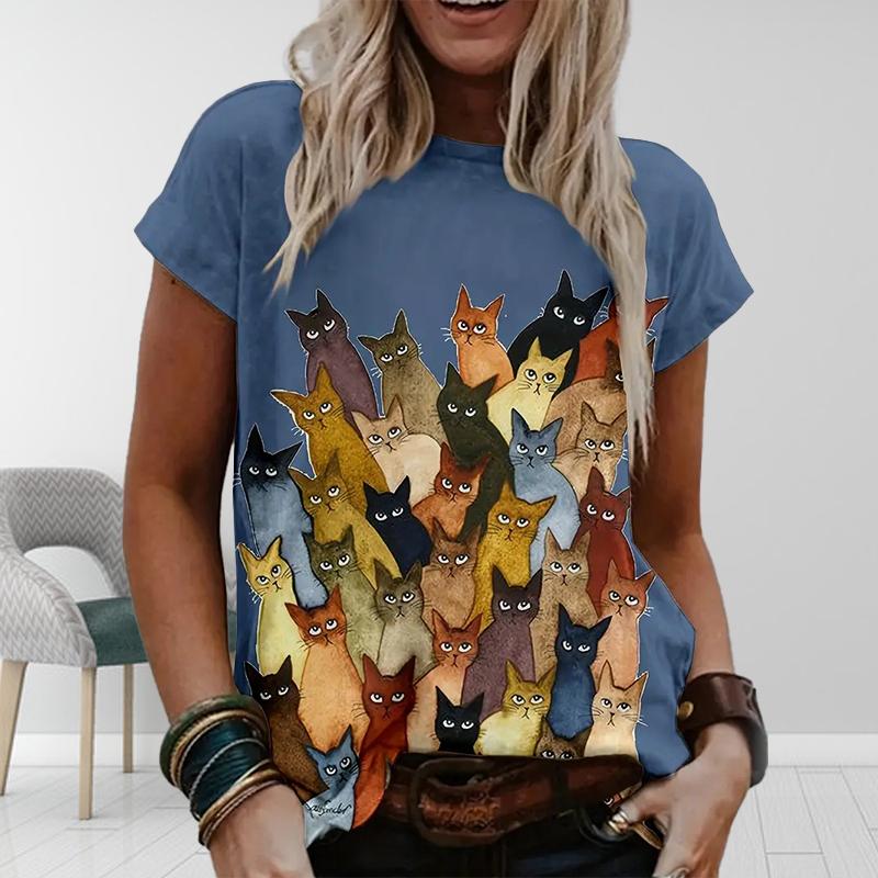 Women Summer T Shirt  Print Colorful Cat Graffiti  Short Sleeve Tees Casual   Printed  Tops