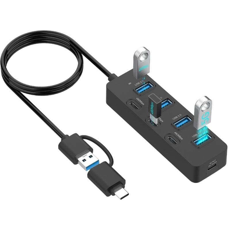Double Input USB A USB C 7 Port Expansion Hubs Supporting Fast 5Gbps Data Transfer Plugs and Play for Various Devices
