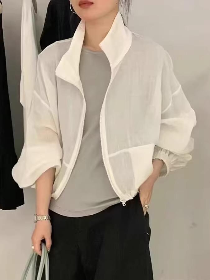 Women's Korean-Style Stand-Up Collar Zip Ramie Jacket - Spring/Summer 2025, Simple Versatile Casual Slimming Top