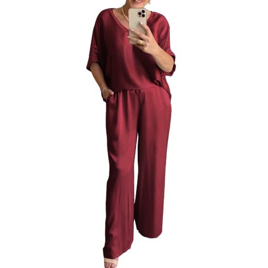 Satin Piece And Outfits for Women Two Wide Leg Pants Set