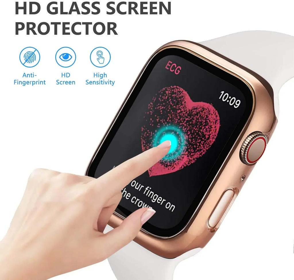 Glass+Cover For Apple Watch Case 45mm 44mm 41mm 42mm 40mm 38mm Accessories Hard Screen Protector iWatch Series 9 8 7 6 SE 5 4 3