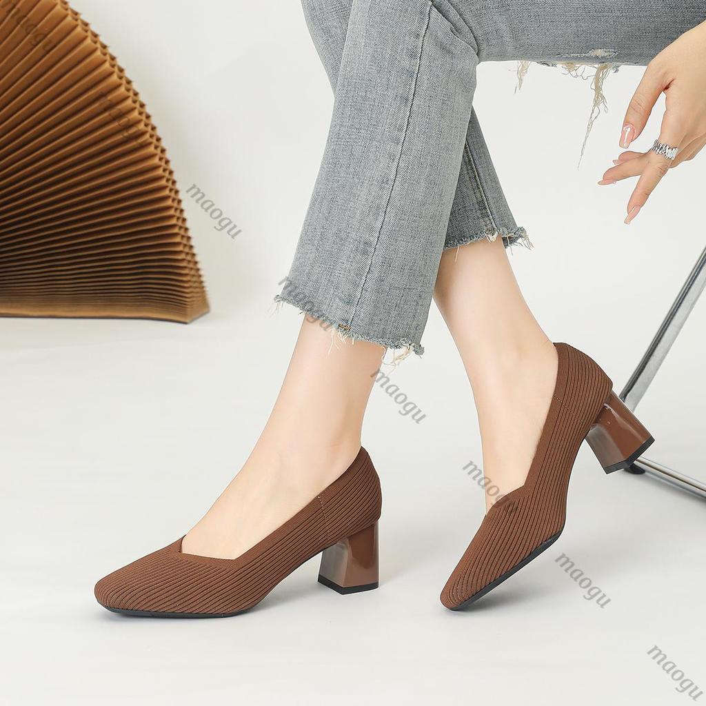 Buty Damskie Wysokie Obcasy Wygodne Kwadratowe Dzianinowe Oddychające Wygodne Damskie Baleriny (5 cm Wysoki) Kolekcja 2025