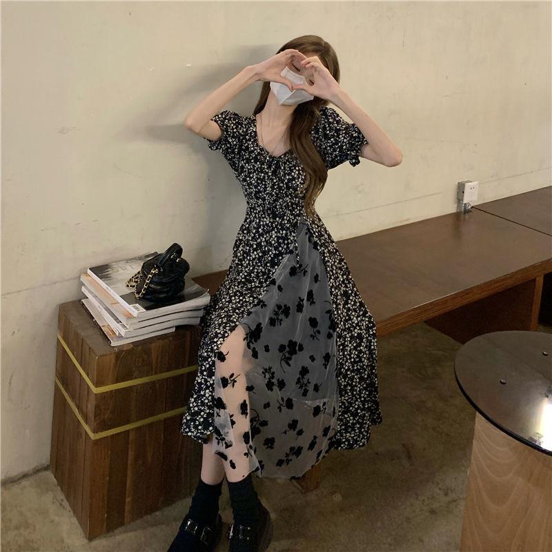 Floral Square Neck Dress For Women With Mesh Patchwork Summer Style