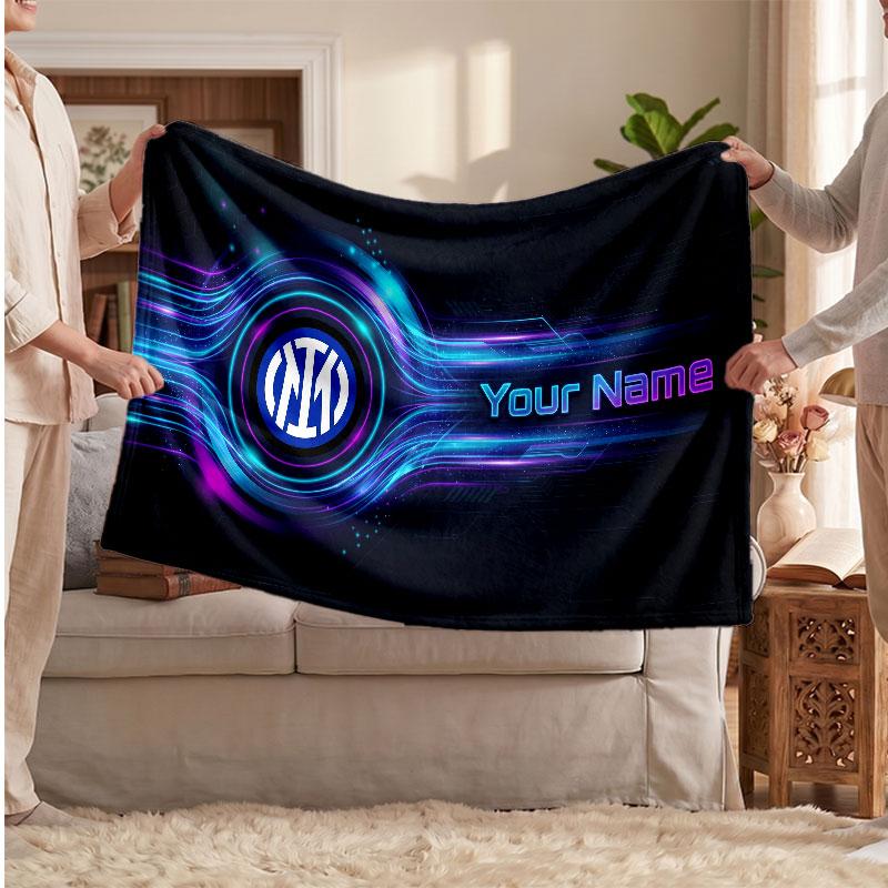 Inter Milan Personalized Fleece Blanket With Football Logo, Custom Name Text Soft Warm Home Throw Blanket