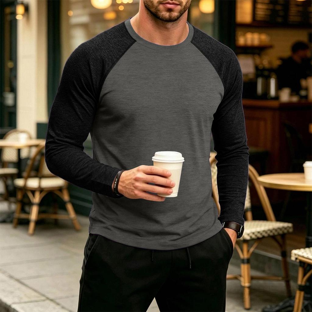 Men's Long Sleeve Color Block T-Shirt Round Neck Casual Basic Top