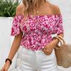 Women's Fashion Casual Summer Spring Flower Pattern Print Short Sleeve One Shoulder Blouses & Shirts