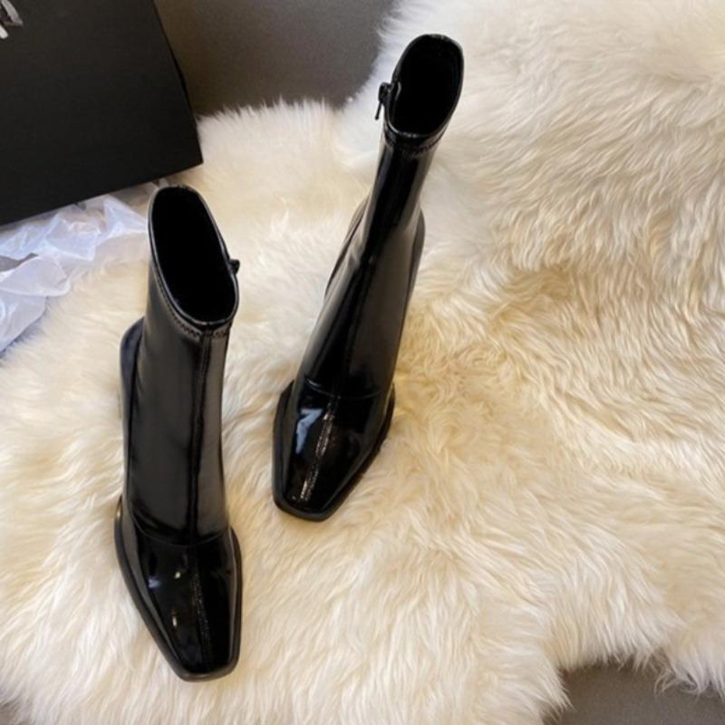 Fashion Side Zip Block Heel Single Boots Women's Fashion Square Toe Side Zip Anti-Slip Wear-Resistant Mid-Tube