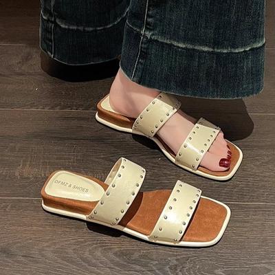 Foreign Trade 2025 Summer New One-word Slippers Roman Sexy Rivet Flat Heel Fashion Beach Cool Slippers Women
