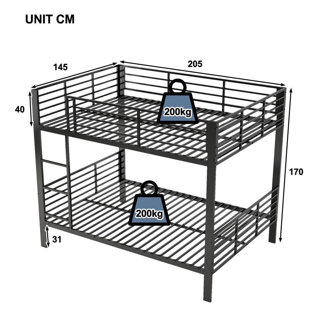 Litera maciza 140x200 metal, litera para adultos, extremadamente estable hasta 400 kg, sin chirridos, ideal para piso compartido y alquiler vacacional, negro