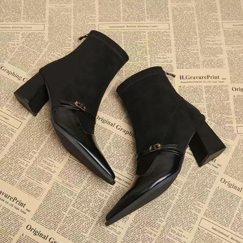 Spitze Zehenpartie Damen Stiefel mit dickem Absatz Vintage Leder Wildleder Spleißschuhe Herbst Winter Stretch Slim Damen Stiefeletten