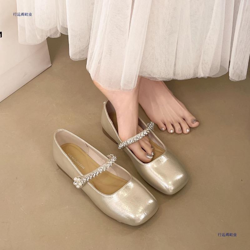 Champagne Gold One-word Rhinestone Flat-soled Mary Jane Shoes New Square Head Shallow Mouth Soft Sole Versatile Single Shoes Women