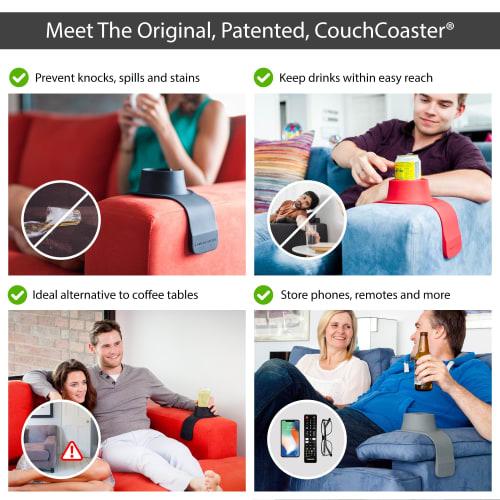 HIT PRODUCTS CouchCoaster Chair, Sofa, Spill-Free Cup Holder - Holds Drinks, Glasses, Cups, Armrest, Table (Gray)