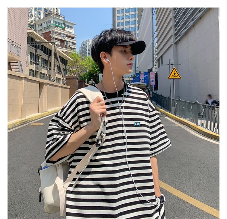 Men's Striped High Street Loose Fit T-Shirt - Trendy Summer Hong Kong Style for Couples and Students