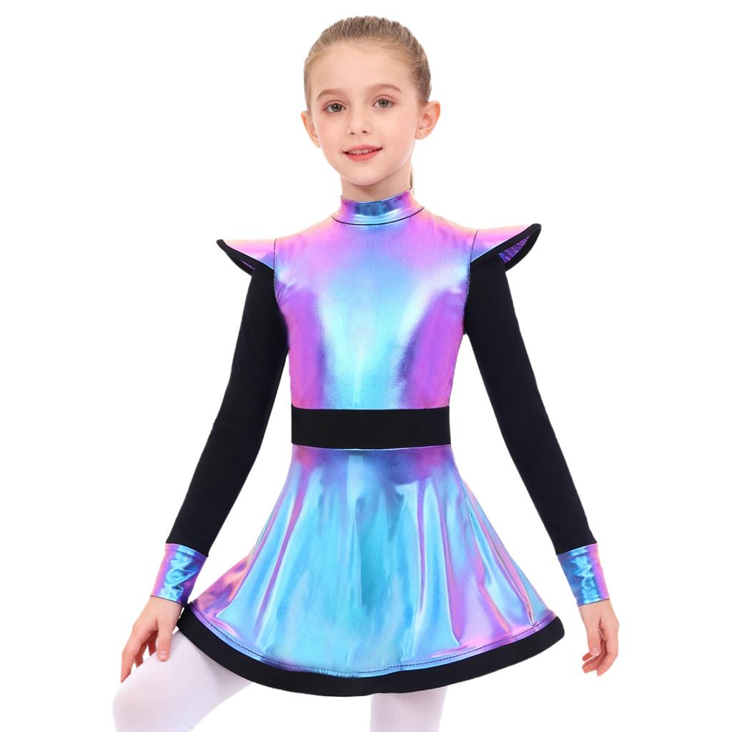 Robe Costumes d'Aliens pour Filles Patchwork Brillant Métallique Col Montant Manches Longues Fermeture Éclair Invisible Short Intégré