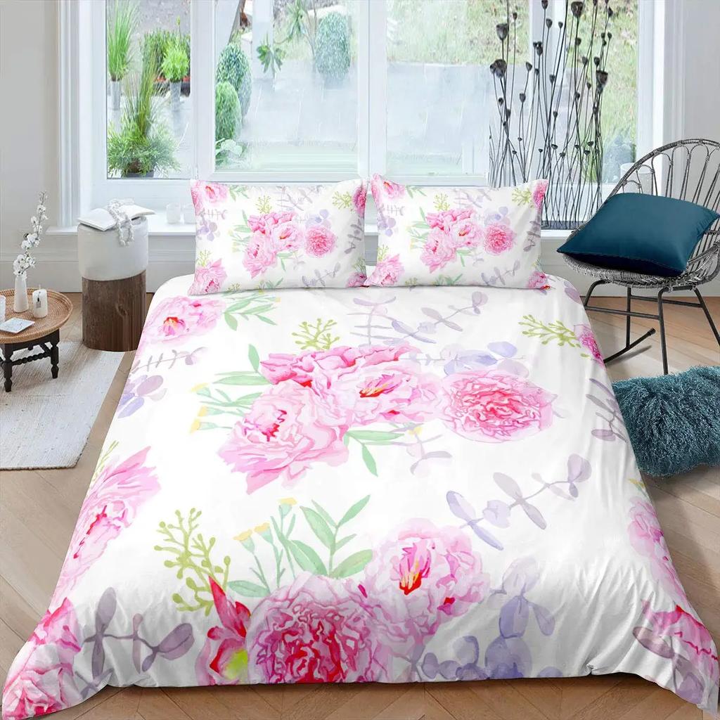 Pink Peony Duvet Cover Set Tulips Flowers Comforter Cover For Girls Women TwinFlorals Blossoms Botanical Plants Bedding Sets
