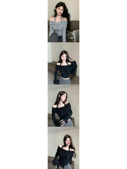 Women's Off-Shoulder Halter Neck Long-Sleeve Knitted Sweater – Slim Fit Short Style for Autumn & Winter