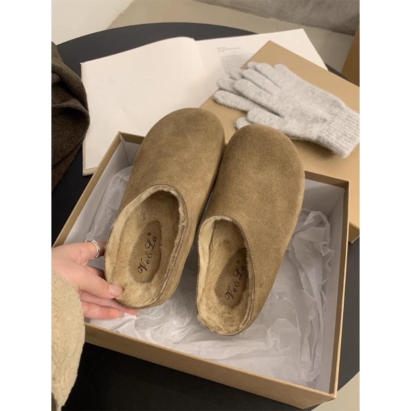 Новый стиль полушлепанцев на толстой подошве с флисом для женской осенне-зимней хлопковой обуви и шлепанцев 35