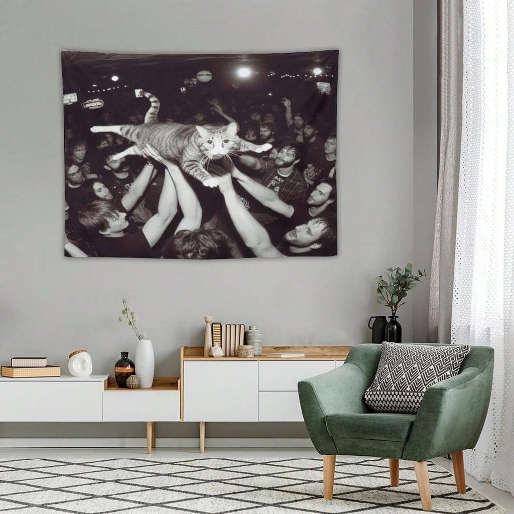 Funny Rock Concert Cat Tapestry Black White Meme Print Polyester Wall Hanging Punk Rock Themed Home Decor for Bedroom Dorm