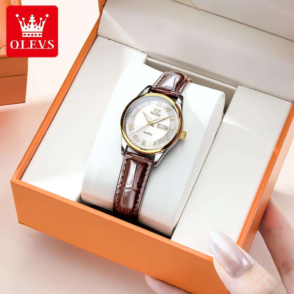 OLEVS 3649  Luxury     Brand Brown Leather Lady Waterproof Elegant Classic Business Woman Quartz Watch