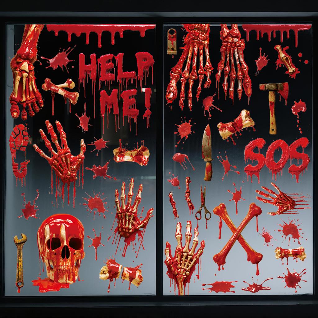 Halloween Window Clings Set Scary Bloody Handprint Sticker 3D Skeleton Head Horror Party Decor