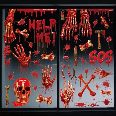 Halloween Window Clings Set Scary Bloody Handprint Sticker 3D Skeleton Head Horror Party Decor
